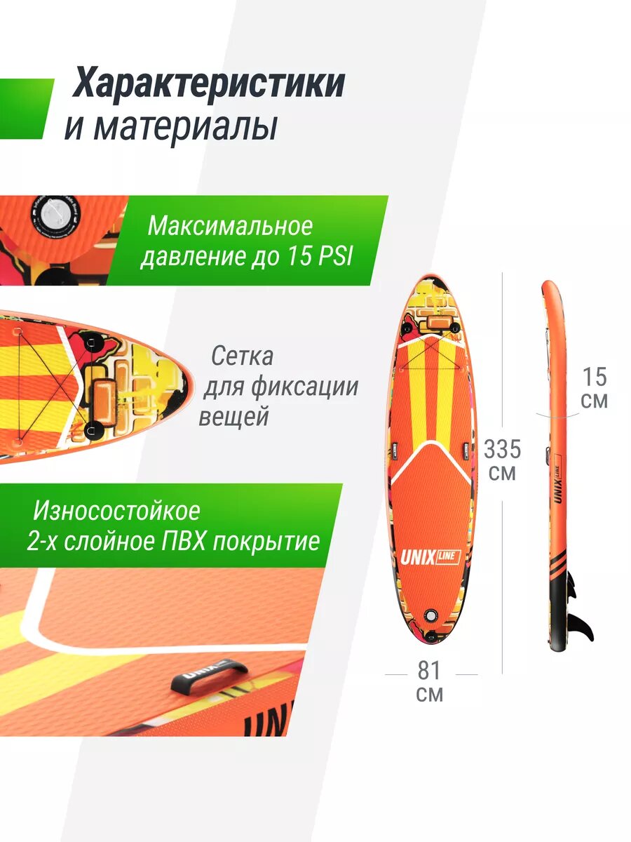 Сапборд надувной для плавания UNIX Line sup board City Graffiti (335 см) до 200 кг, двухслойный, с веслом, в рюкзаке — фото 1