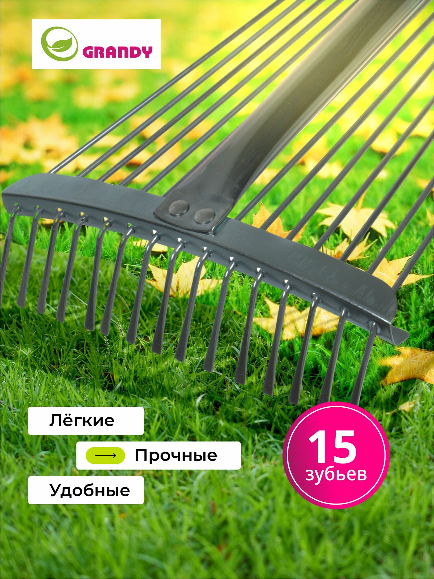 Грабли садовые веерные раздвижные металлические 15 зубцов с черенком Grandy — фото 1