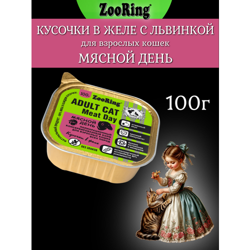 Влажный корм ZooRing кусочки в желе с львинкой, мясной день для кошек, 100г