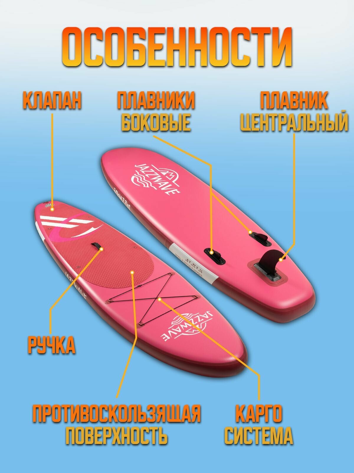 Сапборд надувной JazzWave, двухслойный, с полным комплектом (красный алый цвет) — фото 1