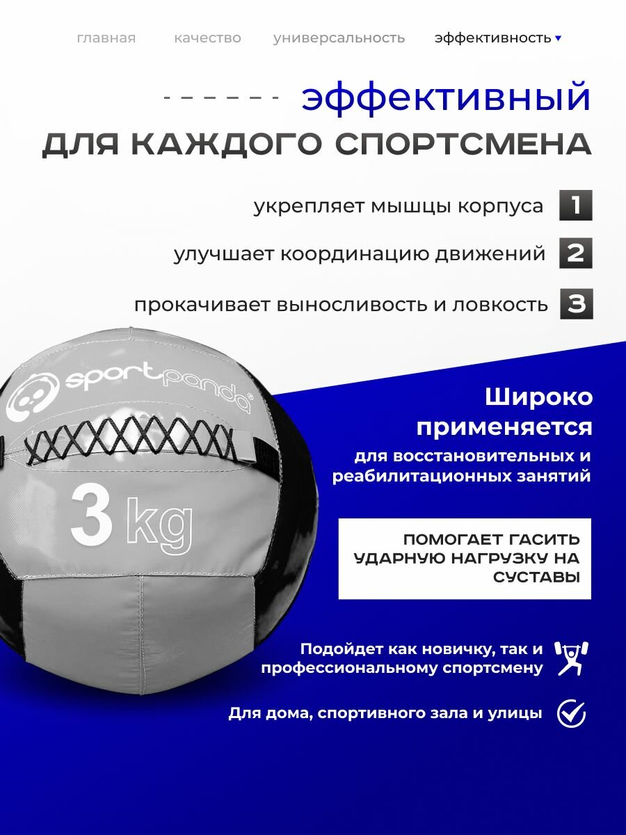 Медбол SportPanda, ПВХ, диаметр 38 см, 3 кг, армированные швы — фото 1