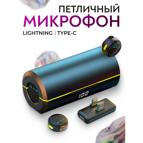 Петличный микрофон 2 шт Lightning Type-C беспроводные петлички с зарядным кейсом черный 3529₽