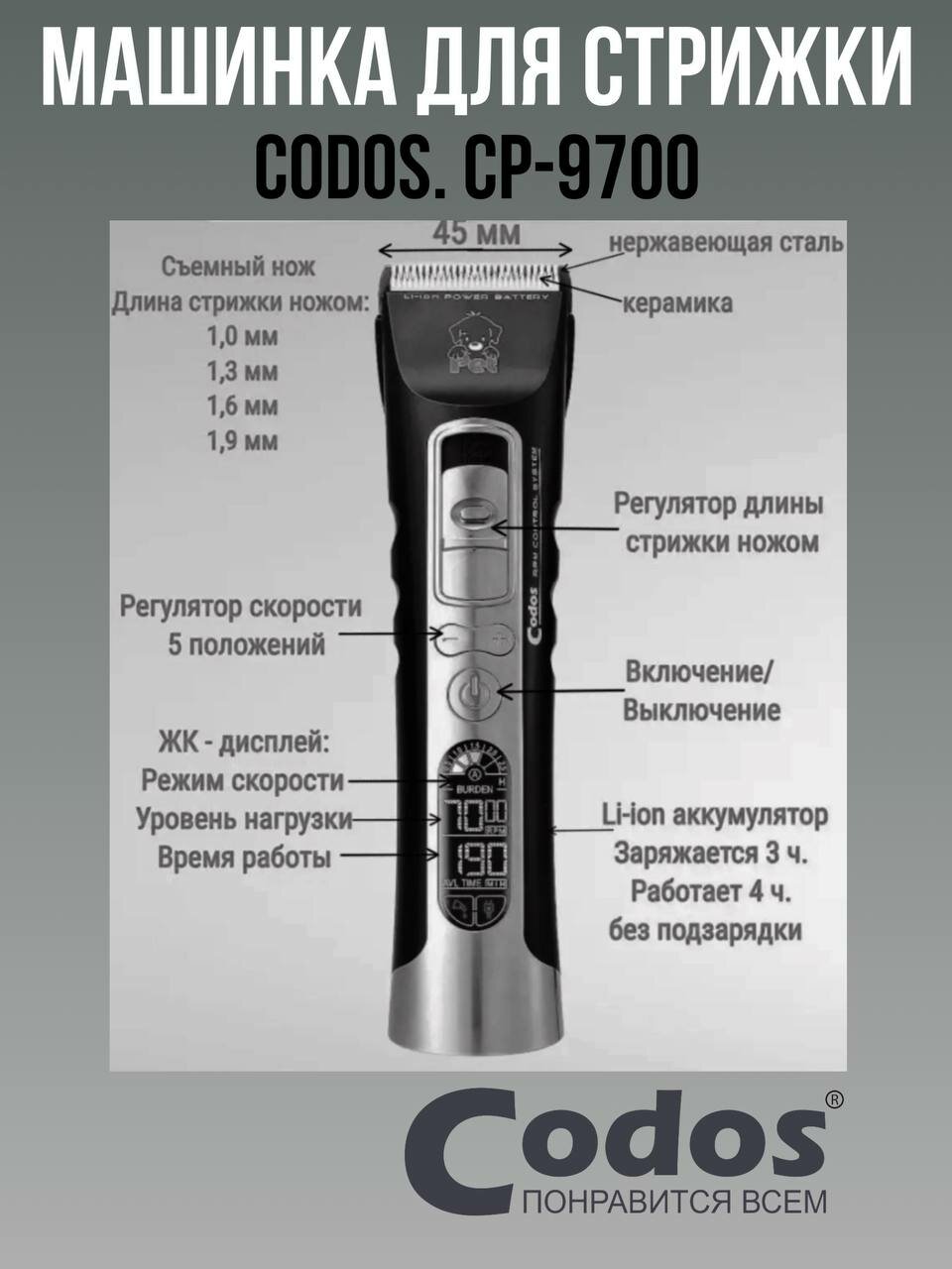 Профессиональная машинка для стрижки животных Codos СР 9700 триммер для собак и кошек для груминга беспроводная — фото 1