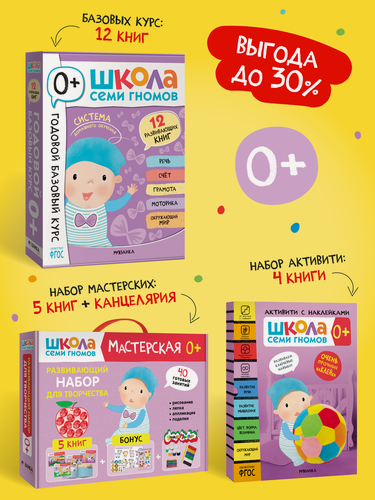 Изображение товара Набор развивающих книг "Школа Семи Гномов" для детей 0+, Базовый курс + Активити + Мастерские с канцелярией