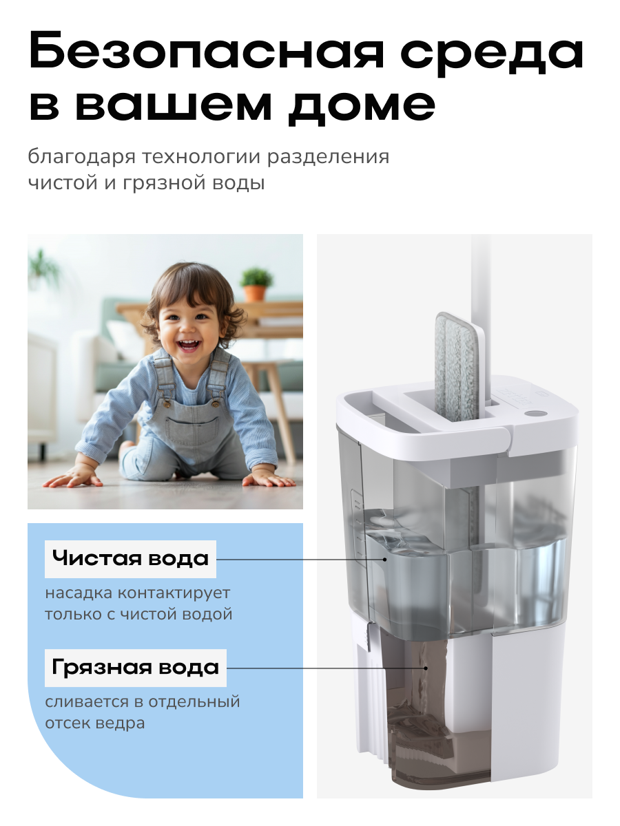 Умная швабра с отжимом и ведром Zetter Aqua Split Auto, с разделением воды, на батарейках, цвет серый — фото 1