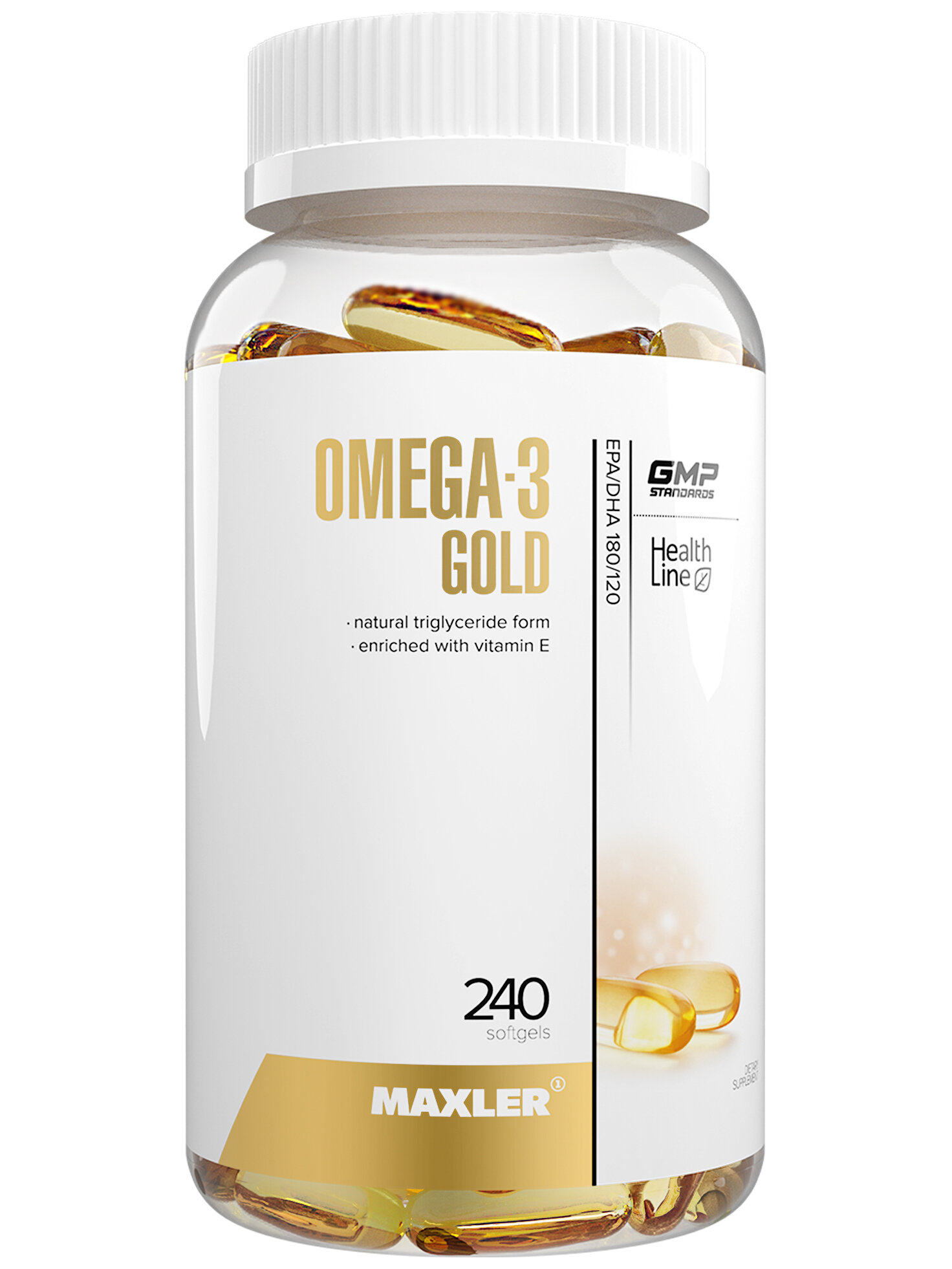 Жирные кислоты Омега-3 с витамином Е Maxler Omega-3 Gold TG - 240 гел. капсул (DE, Европа)