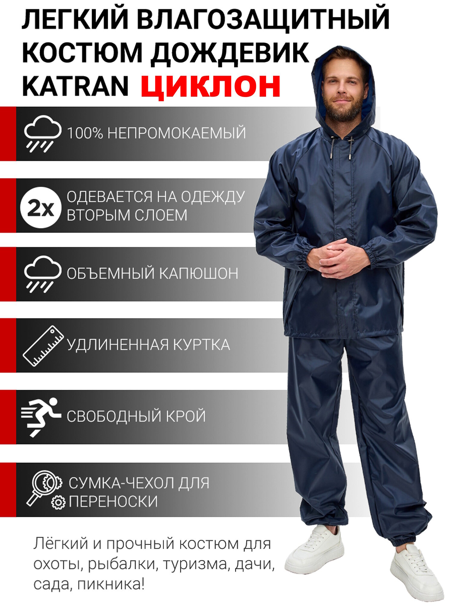 Дождевик мужской пончо накидка KATRAN циклон (Оксфорд, темно-синий), Размер: 44-46