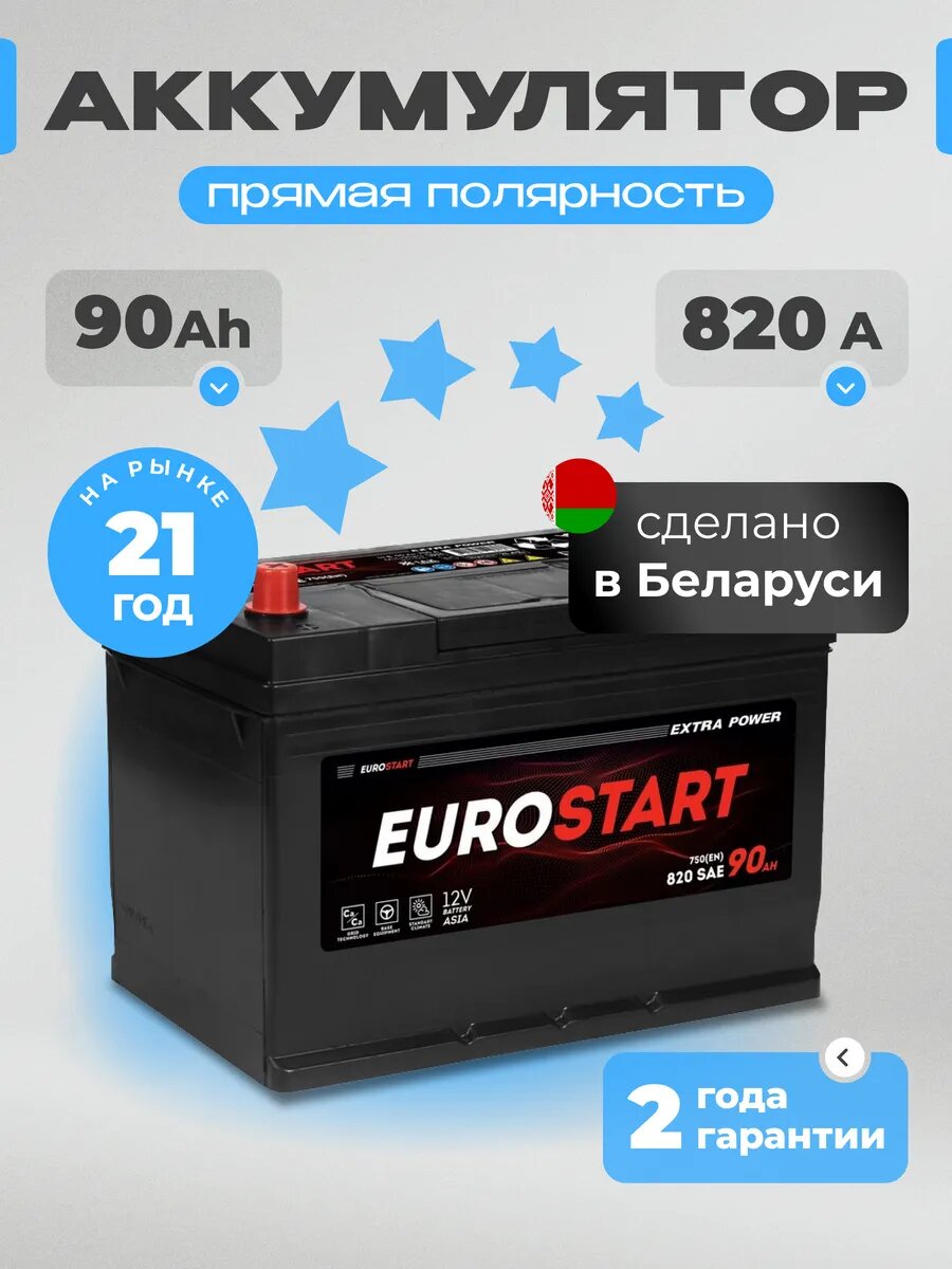 Аккумулятор автомобильный 90 Ач 820 А прямая полярность азия