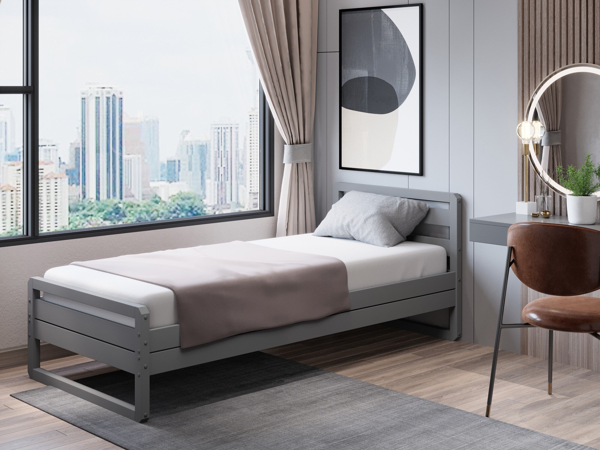 Кровать односпальная 200х90  юность 5  массив берёзы  серый