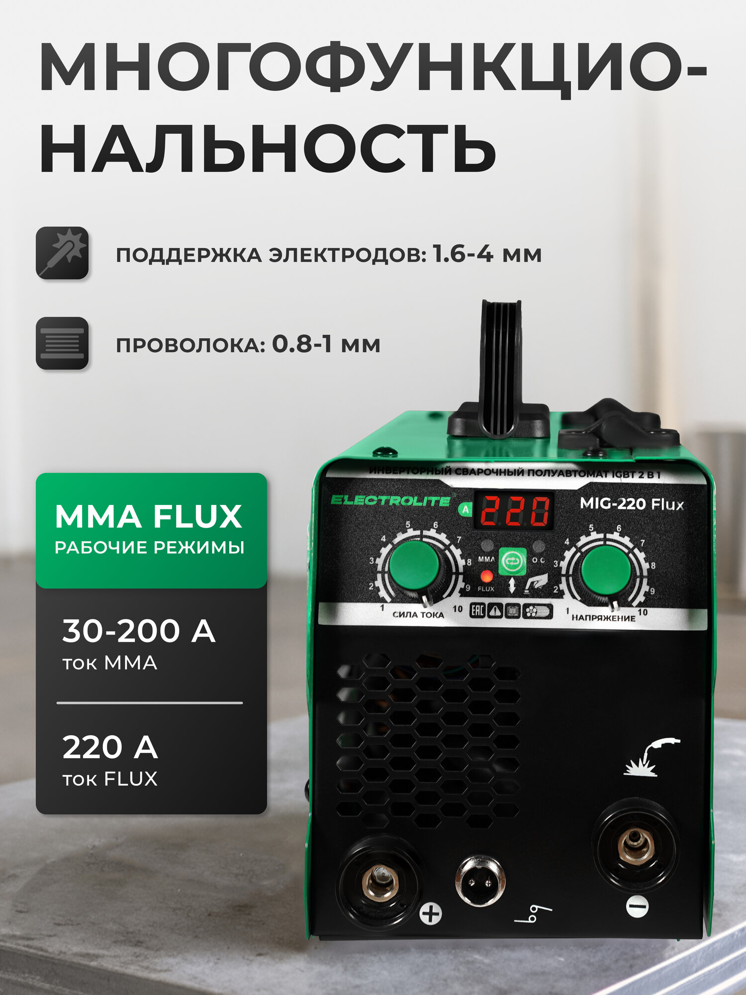 Полуавтомат сварочный ELECTROLITE MIG-220EL, 7кВт, MMA, FLUX, без газа, антиприлипание — фото 1
