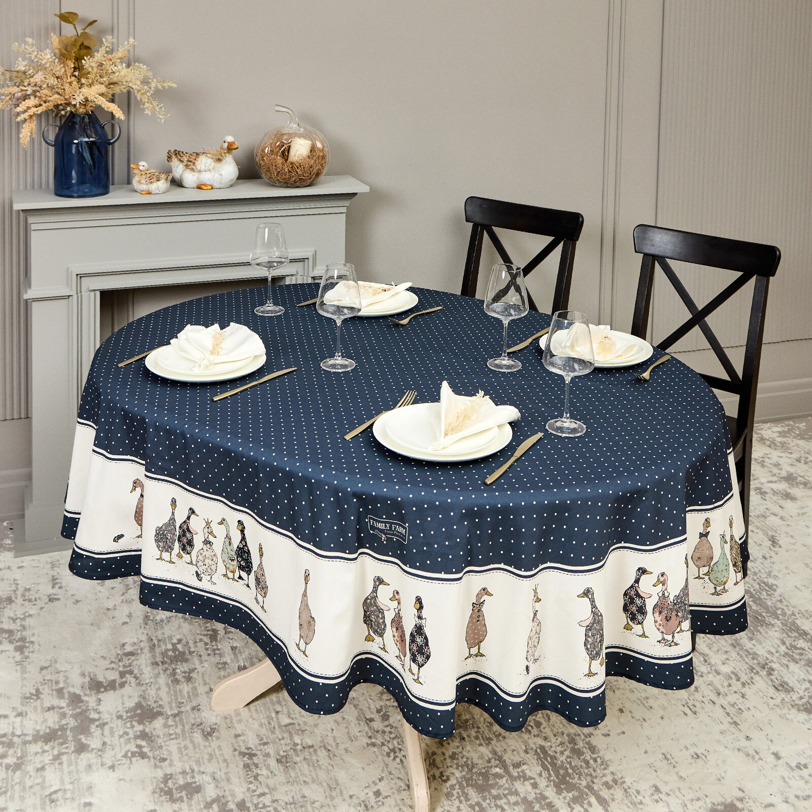 Скатерть овальная family farm 160х220 см синий 100% хлопок твил с пропиткой KSG-850-742-26