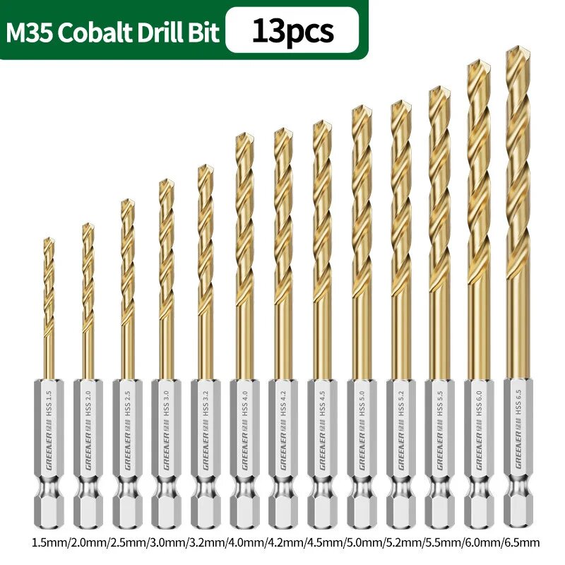 Сверла GREENERY из кобальтовой стали M35, 5/13 шт. 1.5-6.5mm 13pcs