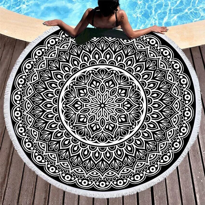 Круглое пляжное полотенце WHQ mandala из микрофибры 150 см, Черный