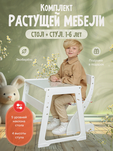 Изображение товара Комплект растущей мебели, детский стул и стол Друг Кузя белый подушечка совушки