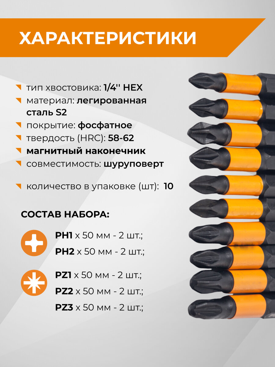 Набор бит магнитных S2 PH PZ x 50 мм 10 шт 5 наконечников RAGE by VIRA — фото 1
