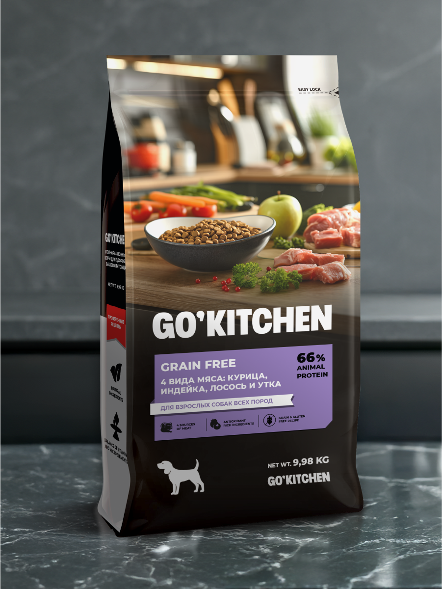 GO'KITCHEN Беззерновой корм для взрослых собак всех пород с индейкой, курицей, лососем и уткой, GRAIN FREE ADULT 4 Meat Recipe, 9,98 кг — фото 1