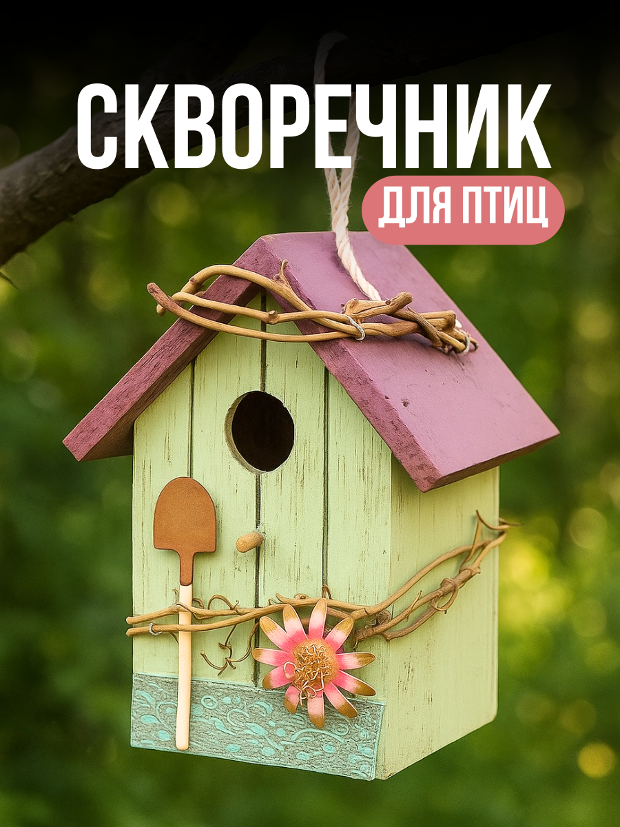 Скворечник для птиц деревянный 20*13.5*12см зеленый подвесной