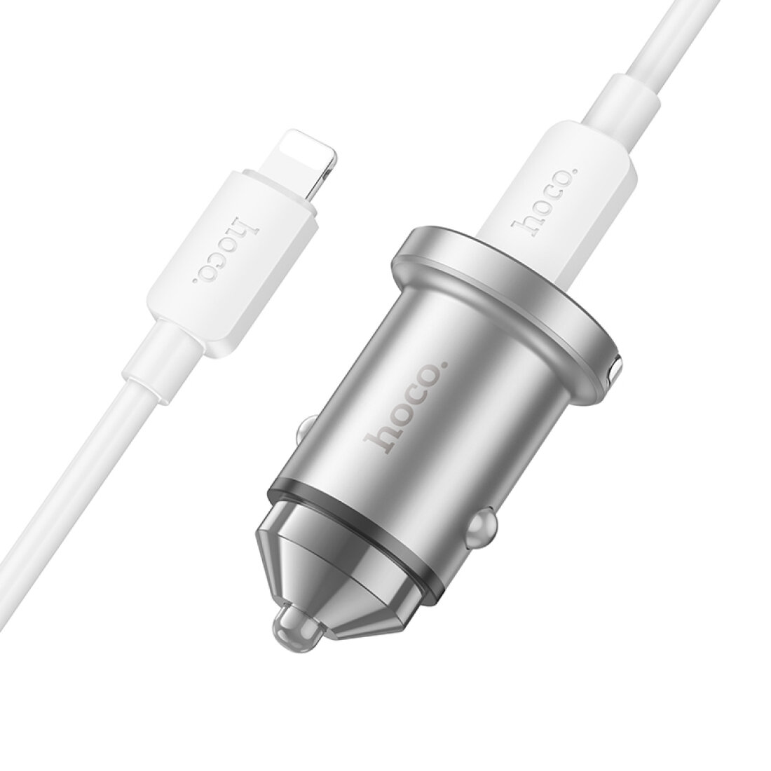 Автомобильное зарядное устройство, 1 USB QC3.0+1 PD 45W (NZ10), HOCO, кабель Type-C to Lightning, серебряный — фото 1