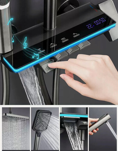 Изображение товара Смеситель для ванны с душем с подсветкой и с индикатором температуры тропический дождь черный 160см