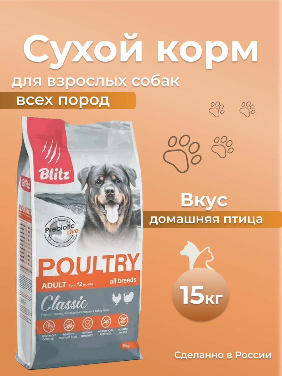 Корм для взрослых собак Blitz Classic ADULT DOG, домашняя птица, 15 кг
