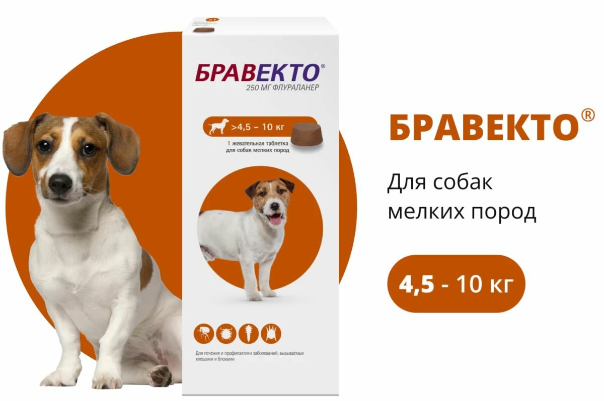 Таблетка от клещей и блох для собак Intervet Бравекто жевательная, весом 4,5-10, 250 мг