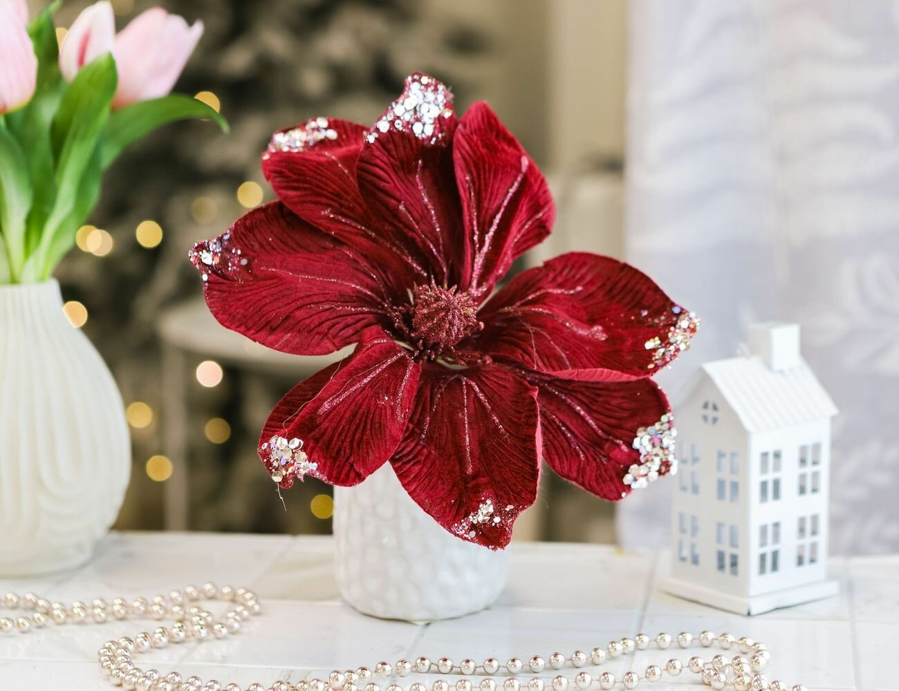 Пуансеттия антуанетта на клипсе вельветовая бордовая 25 см Kaemingk 687147-2