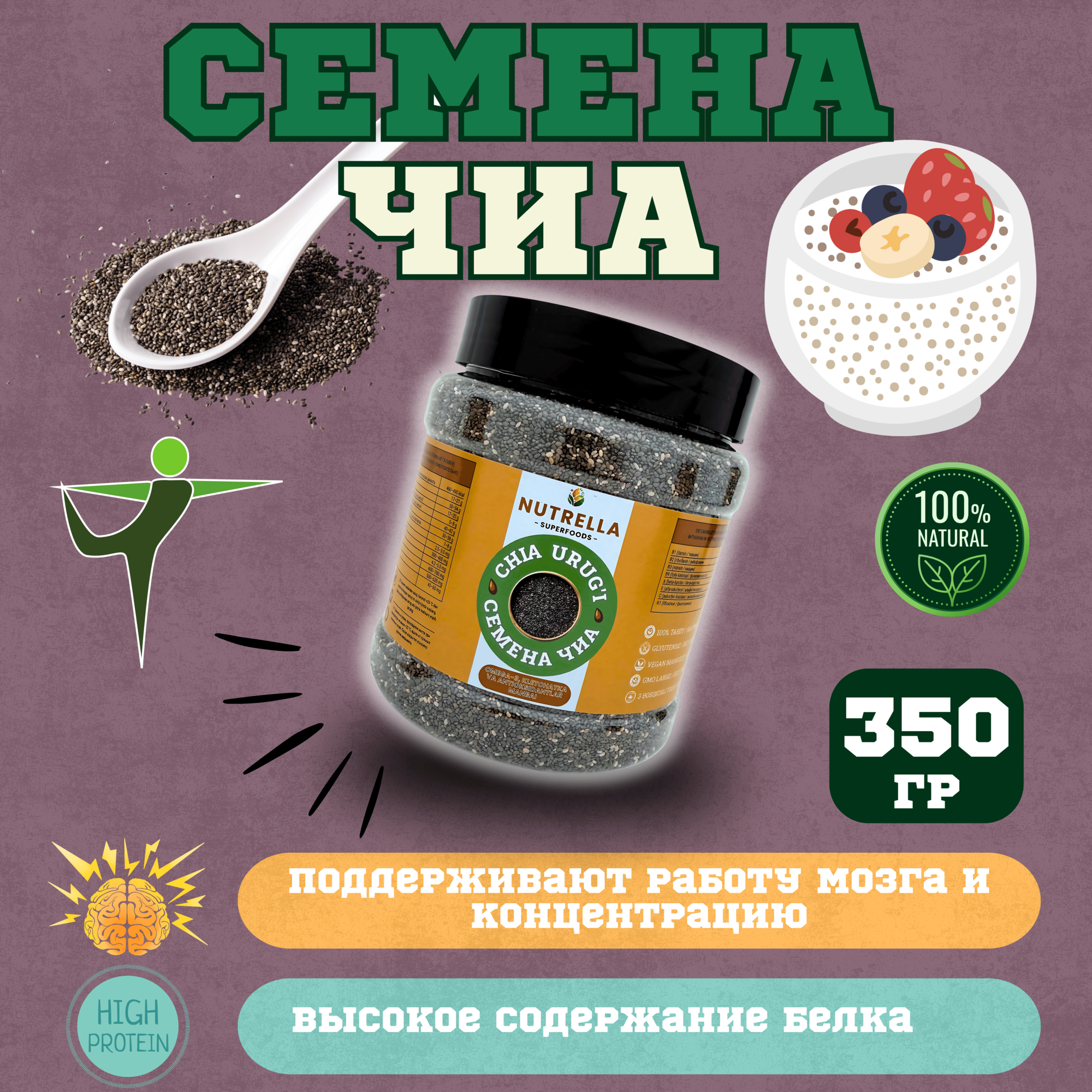 Семена чиа для похудения, ПП и здорового питания. Суперфуд для смузи, Источник клетчатки. 350г