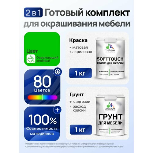 фото Комплект malare для окрашивания мебели, кухонных фасадов (1кг грунт + 1кг краска), без запаха, цвет освежающий зеленый