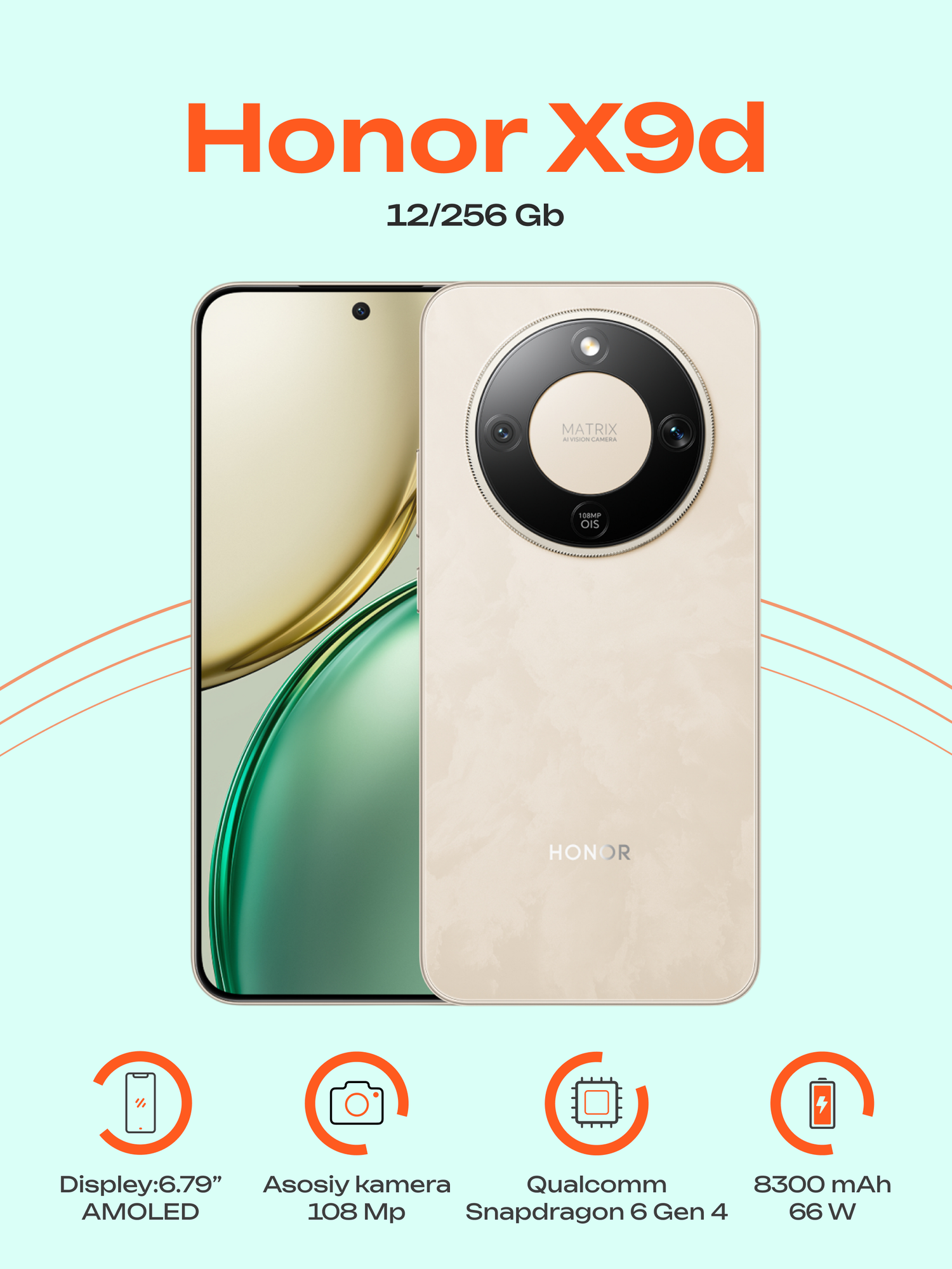 Смартфон Honor "X9d", 12/256ГБ, AMOLED,120Гц Sunrise Gold, (Золотистый)