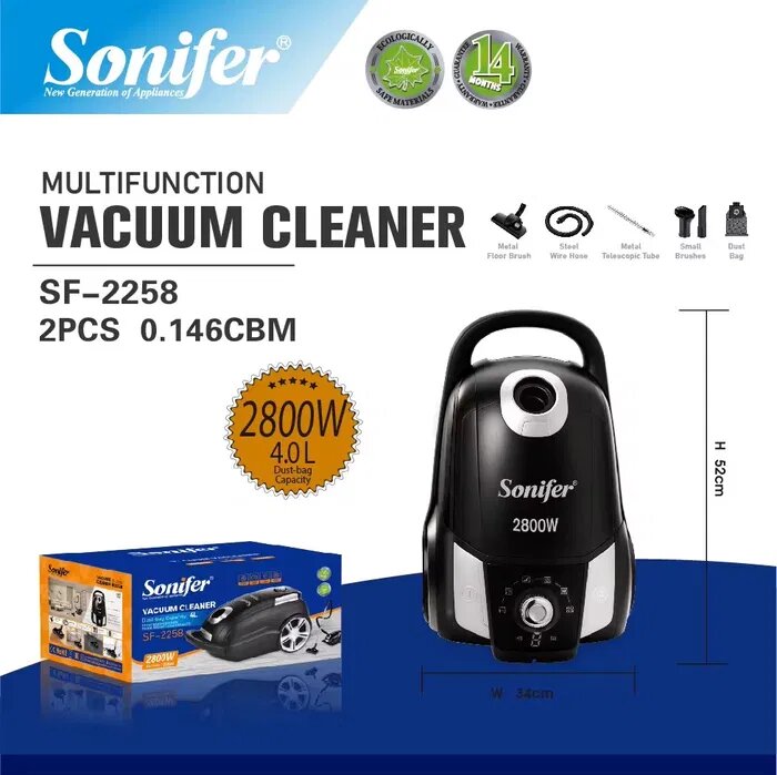 Пылесос Sonifer "SF-2258", мощность 2800Вт, сухая уборка, аквафильтр — фото 1