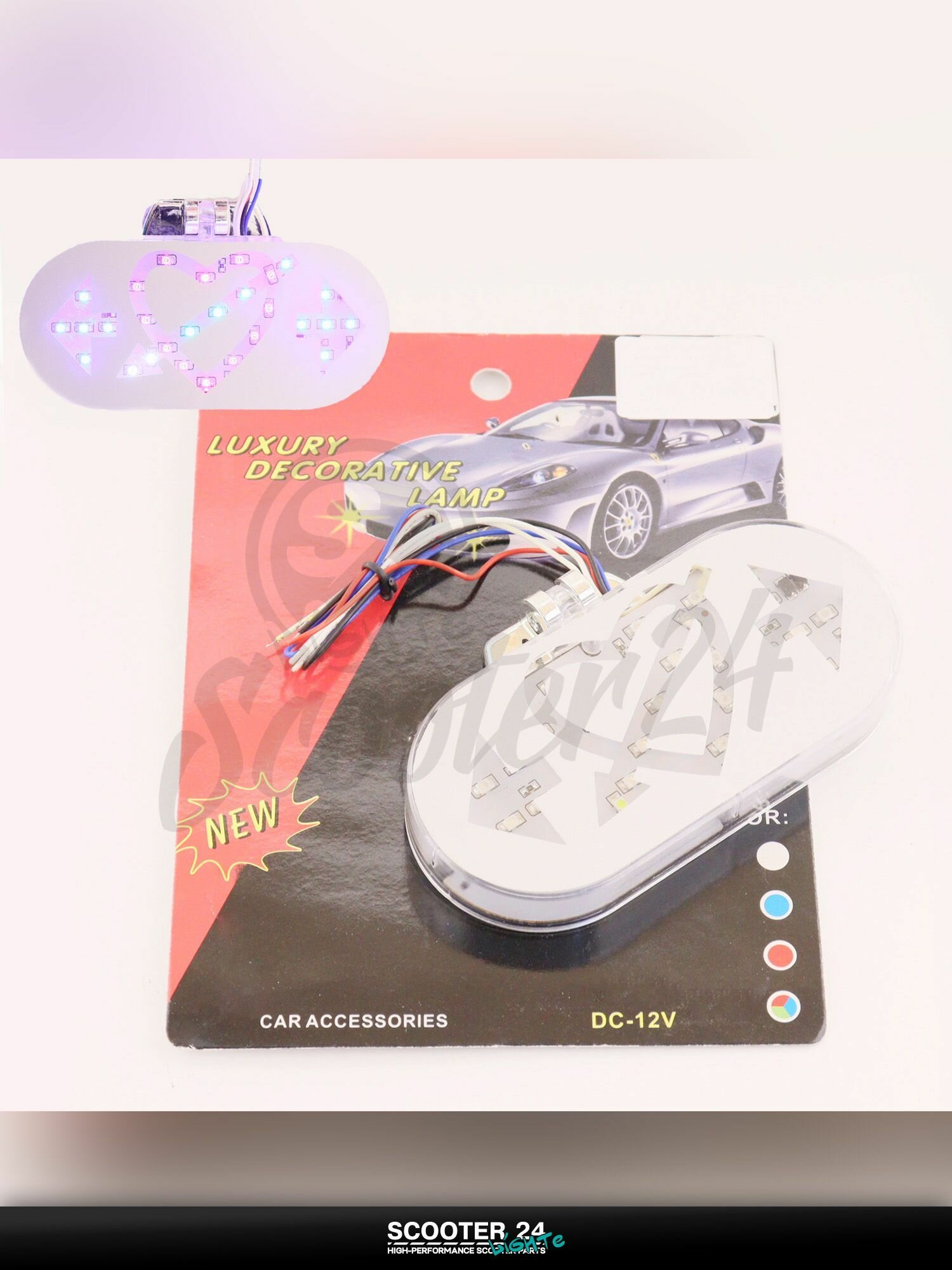 Стоп-сигнал диодный с поворотами в сборе для скутера / мопеда и мотоцикла универсальный (28 LED, красно-синий-зелено-белый) (LOVE, mod: JC-607) "BRAKE LAMP"