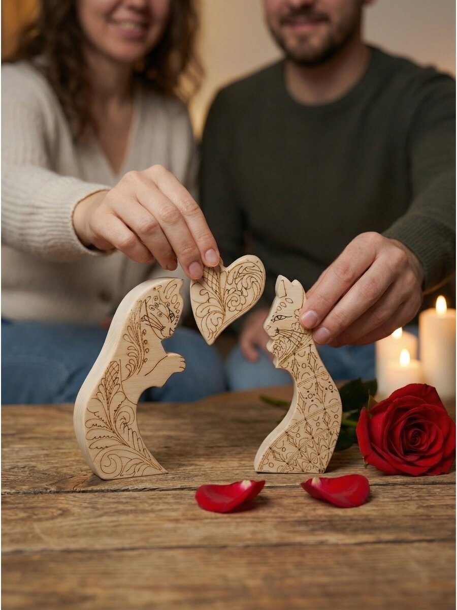 Статуэтка "Влюбленные коты" деревянная с орнаментом — фото 1