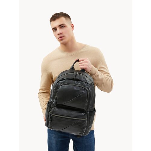 Рюкзак городской PouchMan, мужской, натуральная кожа, большой, для ноутбука, 20 л, 30х43х16 см, черный