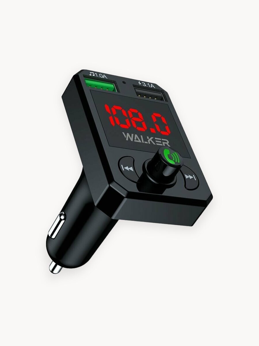 FM трансмиттер с bluetooth, WALКЕR, 2 USB, быстрая зарядка 3.1А, фм audio transmitter для авто, автомобильный модулятор с блютуз, черный