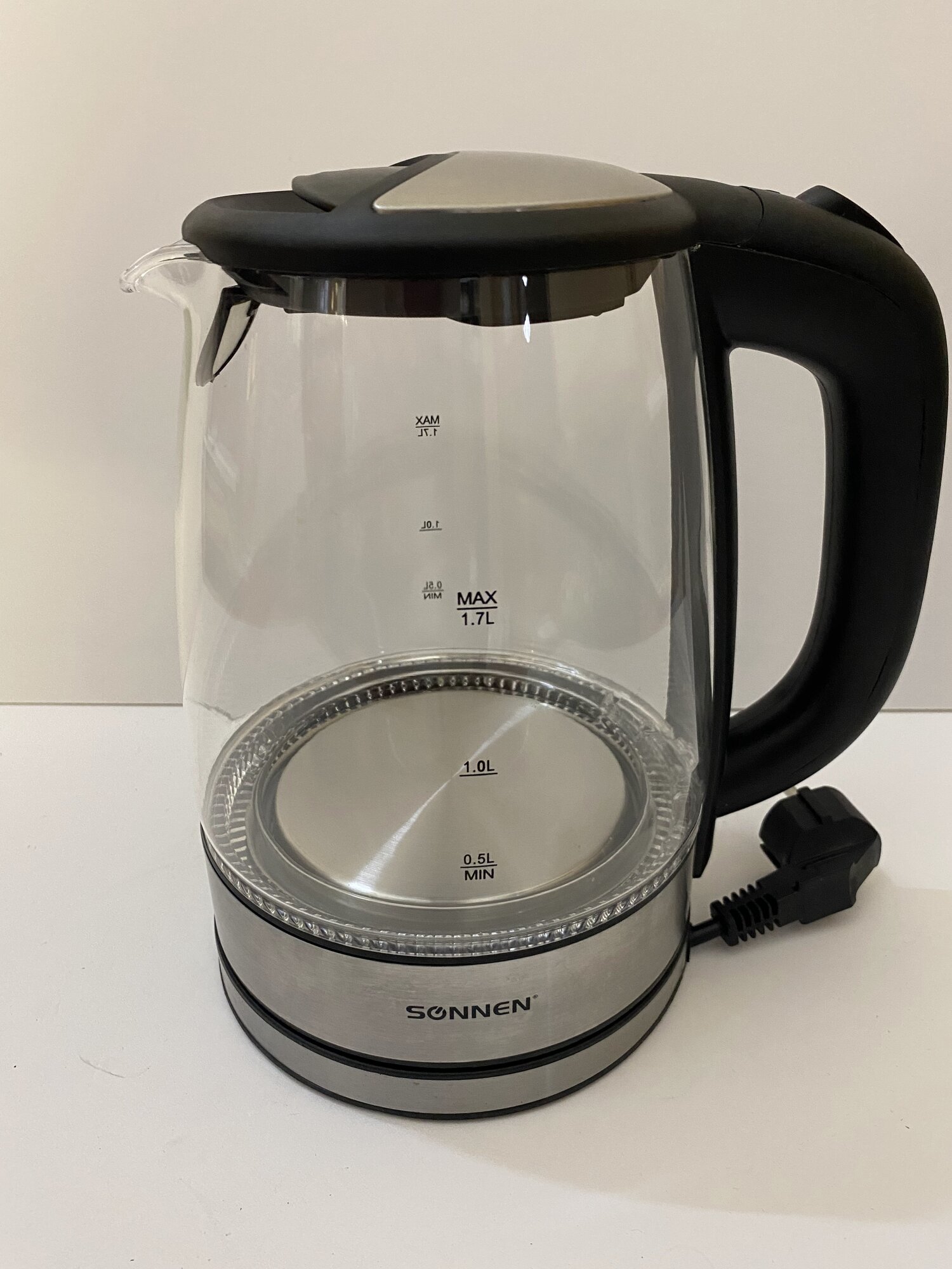 Чайник SONNEN KT-1788, 1,7 л, 2200 Вт, закрытый нагревательный элемент, стекло, черный, подсветка, 454349