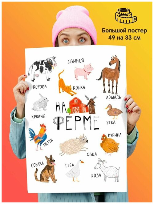Постер плакат Животные на ферме пособие для детей учим зверей 2 года