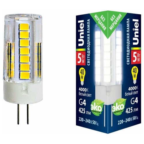 Uniel LED-JC-220/5W/4000K/G4/CL GLZ09TR Лампа светодиодная, прозрачная. Белый свет (4000К). Картон. ТМ Uniel.