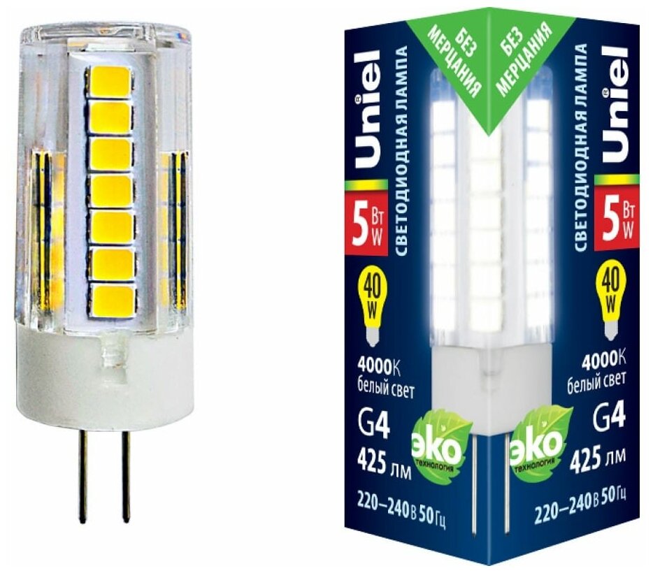 Типы/Лампочки/Светодиодные Uniel Лампа светодиодная Uniel G4 5W 4000K прозрачная LED-JC-220/5W/4000K/G4/CL GLZ09TR UL-00006745