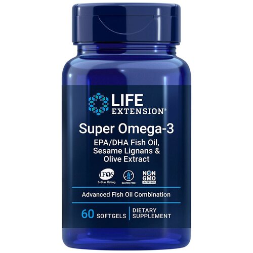 LIFE Extension Super Omega-3 EPA/DHA Fish Oil, Sesame Lignans & Olive Extract, 60 капс.