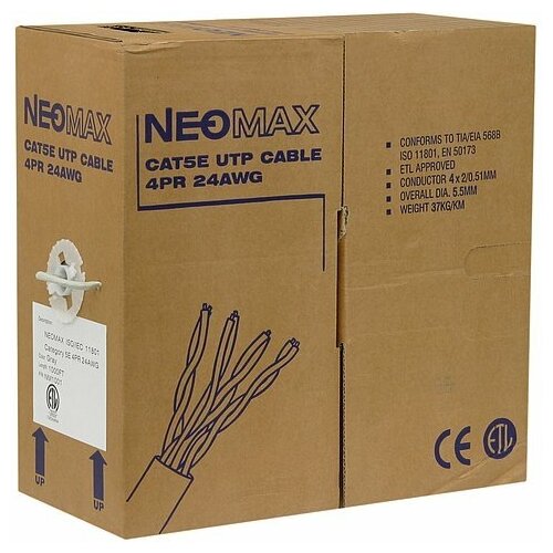 Кабель Neomax Кабель UTP 5e кат. Neomax NM10001, 4 пары, однож, 24AWG/0.51мм, медь (305м) кабель neomax ftp категория 5e 4 пары 305м черный nm20041