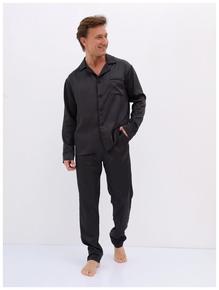 Пижама мужская домашняя (тенсель), комплект с брюками и рубашкой, Цвет черный, Размер 52 - фотография № 3