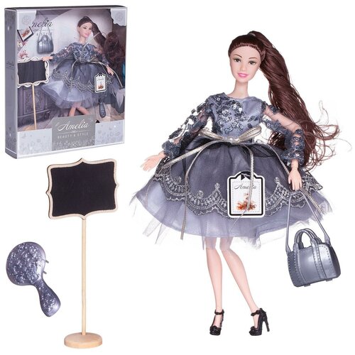 Кукла ABtoys Amelia. Роскошное серебро в платье с двухслойной юбкой, серебристая сумка, темные вол