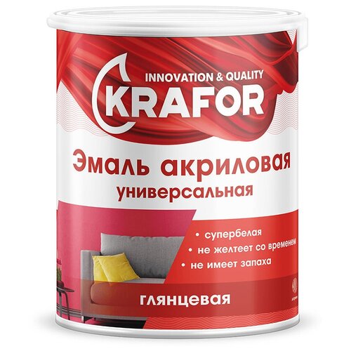 Эмаль универсальная Krafor, акриловая, глянцевая, 1 кг, супербелая эмаль акриловая ак alpa ecolaque глянцевая глянцевая супербелая 3 08 кг 2 5 л