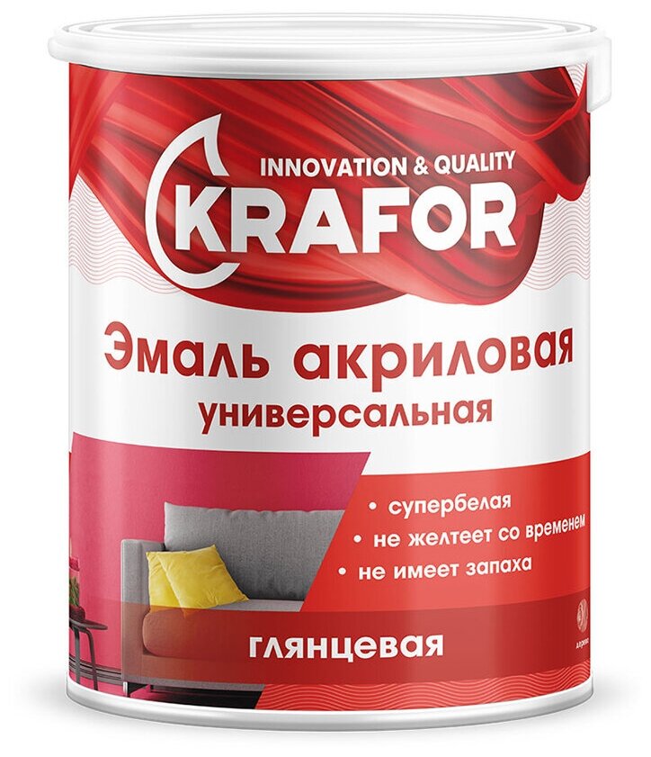 Эмаль универсальная Krafor акриловая глянцевая 1 кг супербелая