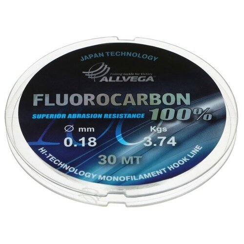 Леска монофильная ALLVEGA FX Fluorocarbon 100%, диаметр 0.18 мм, тест 3.74 кг, 30 м, прозрачная