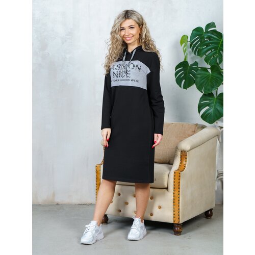 фото Платье nsd-style удлиненное, длинный рукав, капюшон, размер 56, черный