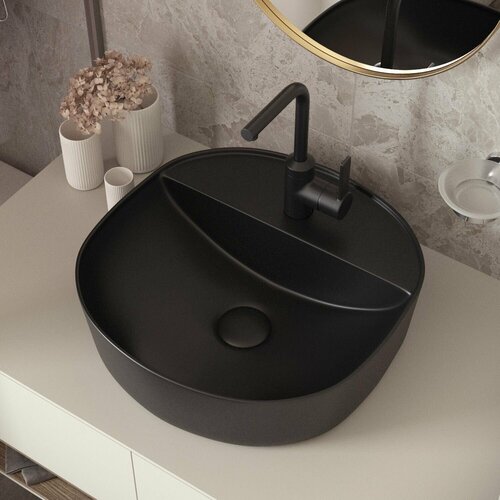 Накладная раковина в ванную Helmken 45840001: умывальник квадратный из фарфора 40 см, комплект креплений, черный цвет, гарантия 25 лет