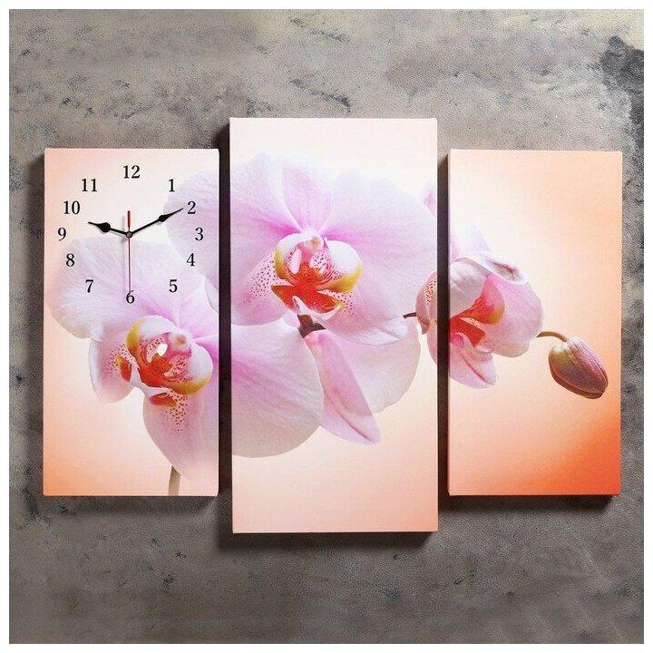 Часы-картина настенные, модульные "Розовая орхидея", бесшумные, 60 х 80 см, триптих