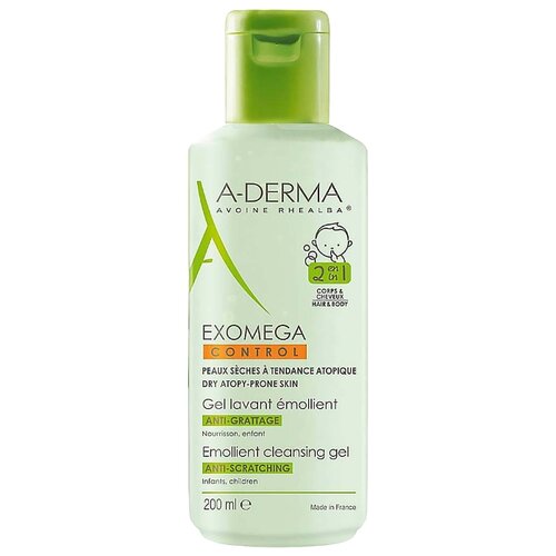 Гель-шампунь для душа A-Derma Exomega Control, 200 мл гель для тела и волос 2 в 1 exomega gel lavant emollient corps et cheveux гель 200мл