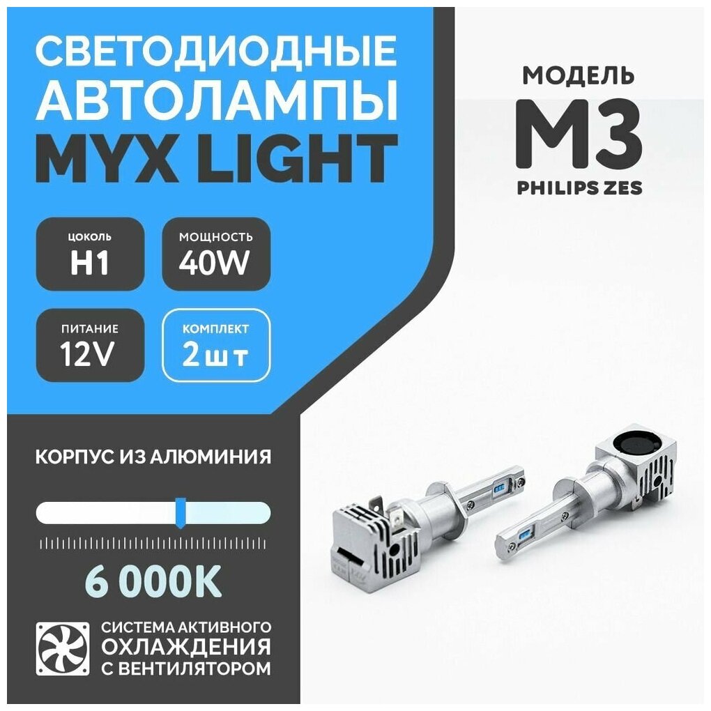 Светодиодные автомобильные лампы цоколь H1 , напряжение 12V, мощность 40W, LED чип ZES, температура света 6000K MYX Light M3 /без проводов/компакт с вентилятором